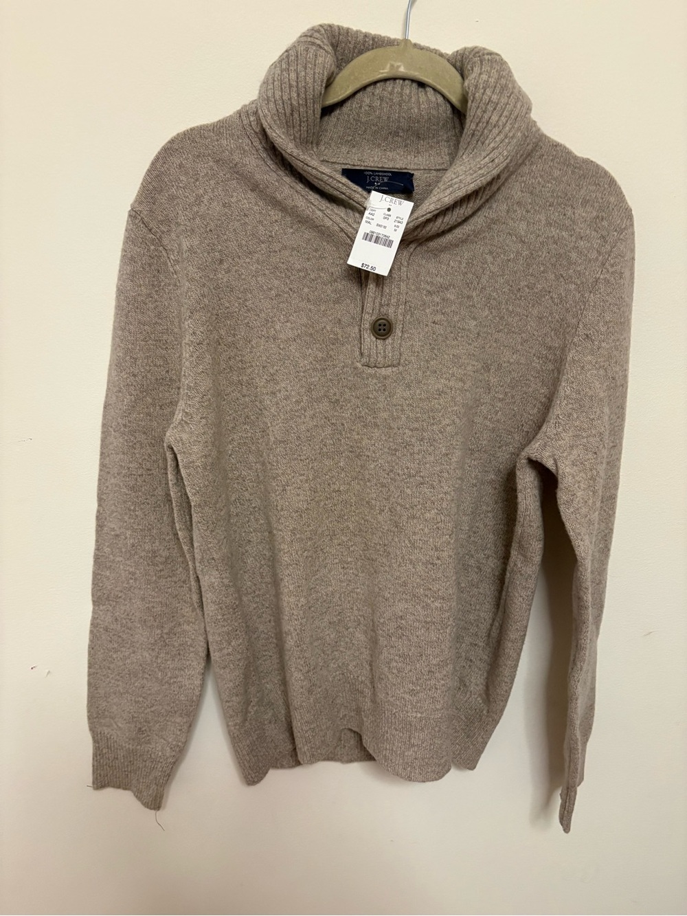 J. Crew Sweater Men’s Medium Shawl Collar Lambswool Pullover Brown Button